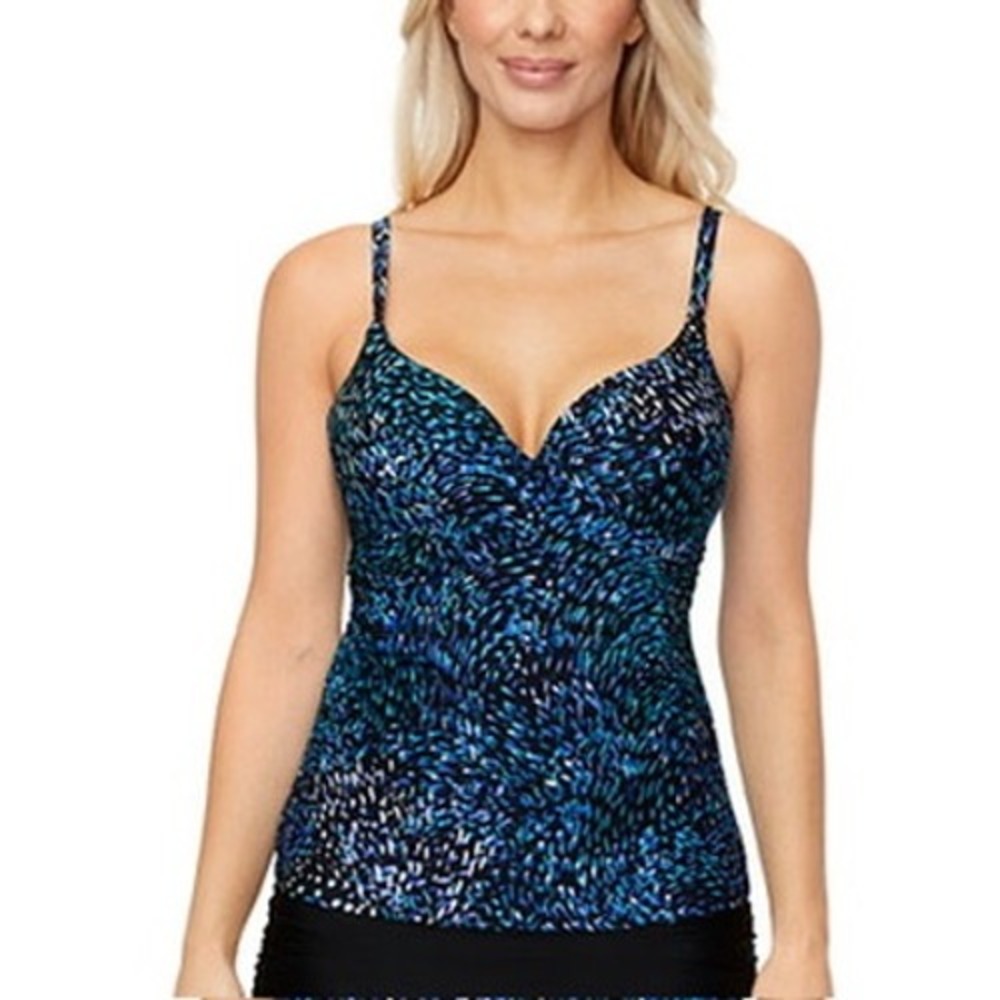 NWT Island Escape Tankini Top Womens Blue Black Abstract Print 14 $40